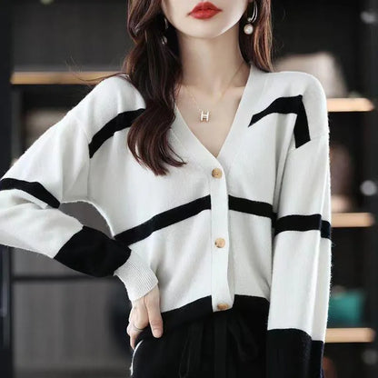 Women's black and white striped V-neck button cardigan with a 3D pattern and slim fit.