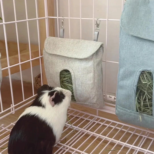 Durable cloth feed bag for small pets including rabbits, guinea pigs, and hamsters in grey and blue.