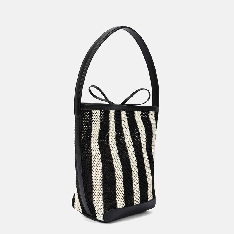 Women's summer shoulder bag woven fabric bucket style handbag crossbody bag, soft black and white striped urban simplicity design, 28 x 18 x 13 cm dimensions
