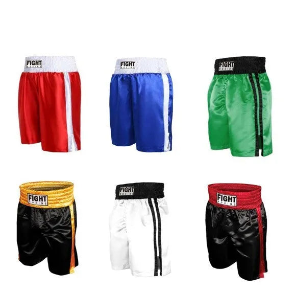 Men's boxing shorts in black and white with side stripe, laid flat showing design.
