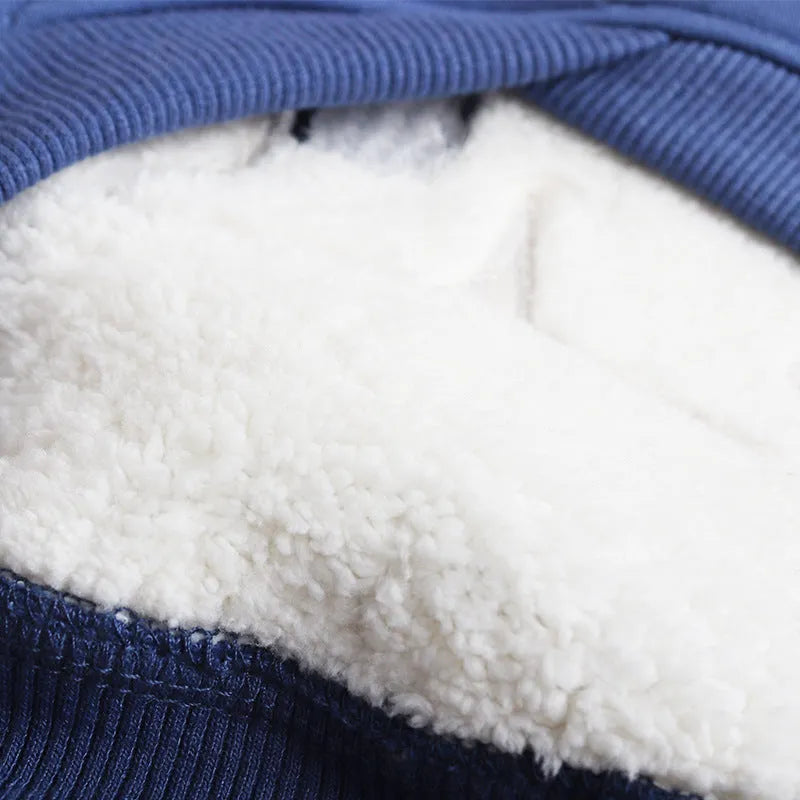 Dark blue fleece-lined cotton winter jumper for dogs on a white background