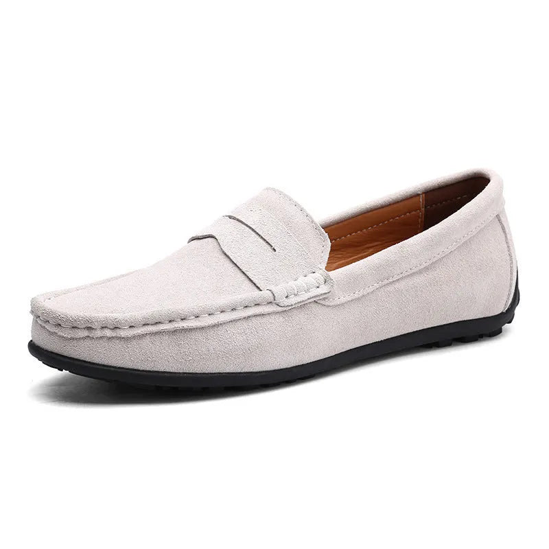 Men's suede casual loafers in brown with a round toe and rubber sole, shown in a UK plus size.