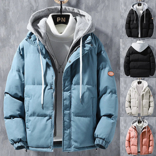 Men's Cozy Hooded Jacket in various colors, featuring a durable polyester exterior, insulating inner lining, and adjustable hood for winter warmth and protection.
