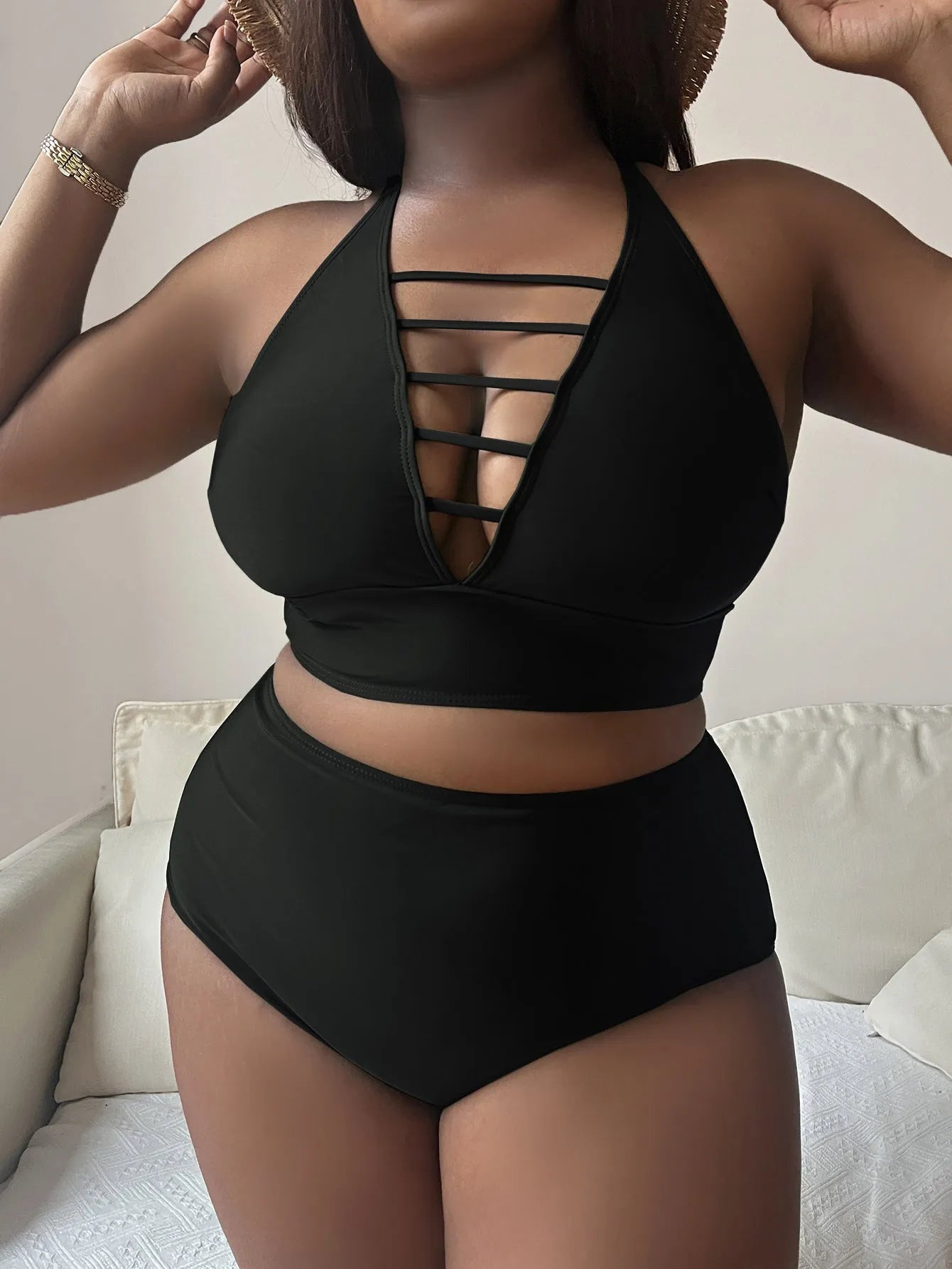 Plus size halter bikini set with adjustable straps and high-waist briefs in solid colour