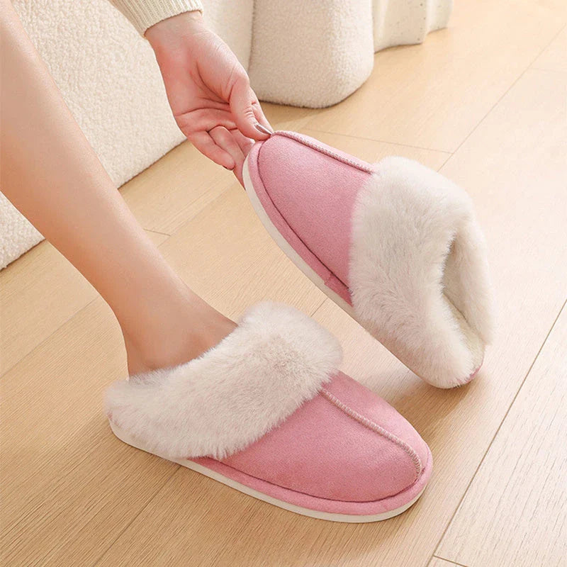 Cozy plush house slippers for women in various colors and sizes, featuring soft, warm, and non-slip design