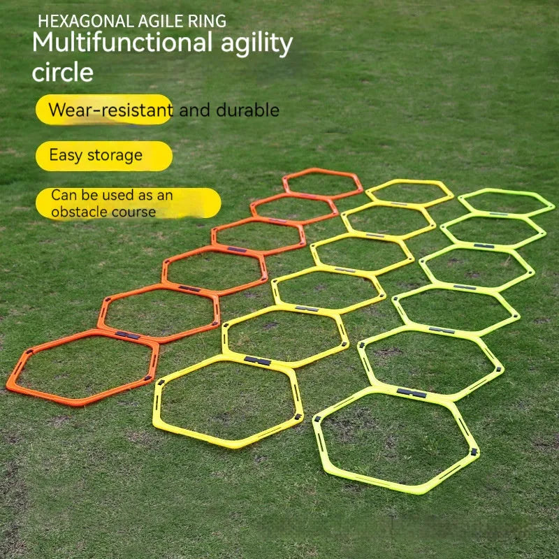 Set of six foldable hexagon football training rings in yellow, green and orange colours