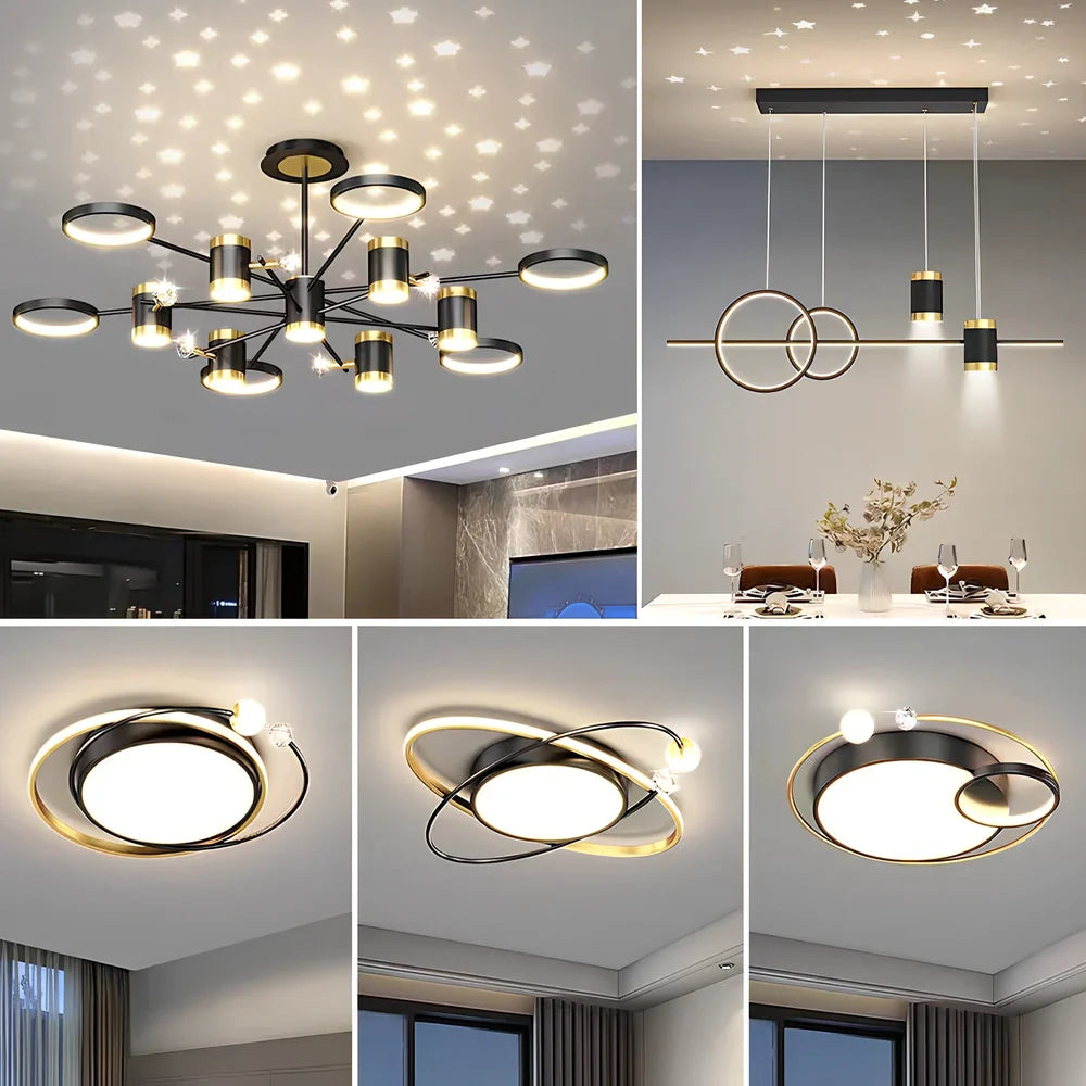 Black iron pendant lamp with 13 light heads, remote control, and adjustable 30cm height for 15-30m² rooms