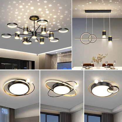 Black iron pendant lamp with 13 light heads, remote control, and adjustable 30cm height for 15-30m² rooms