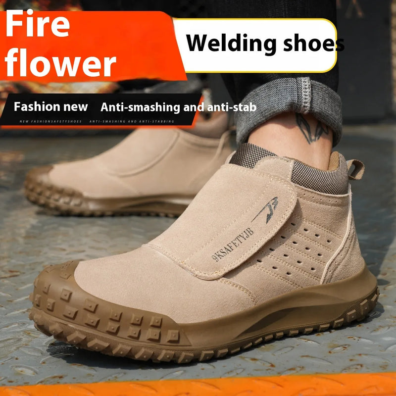 Four Seasons lightweight welder safety shoes with steel toe caps and puncture protection for construction and industrial work, available in sand colour and grey with front lace-up closure and cold adhesive process construction.