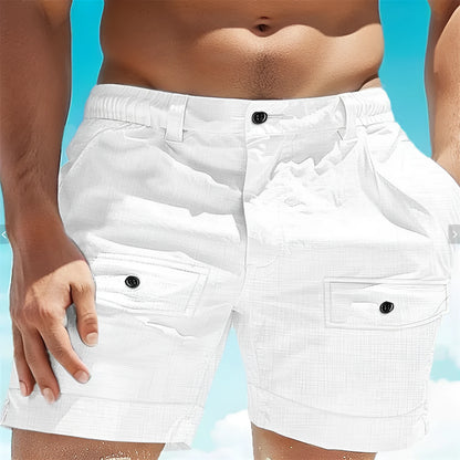 Men's linen elastic waist shorts with button pocket in straight fit white or khaki colours