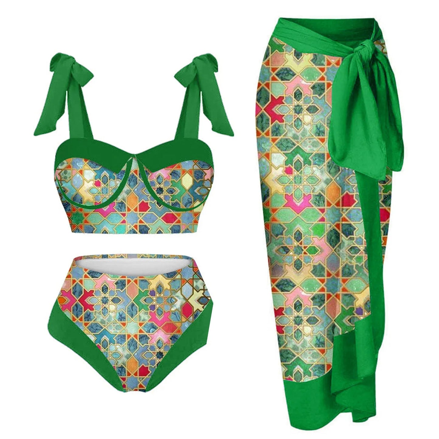 Women's pink and floral print split swimsuit three-piece set with skirt, bra, and panties.