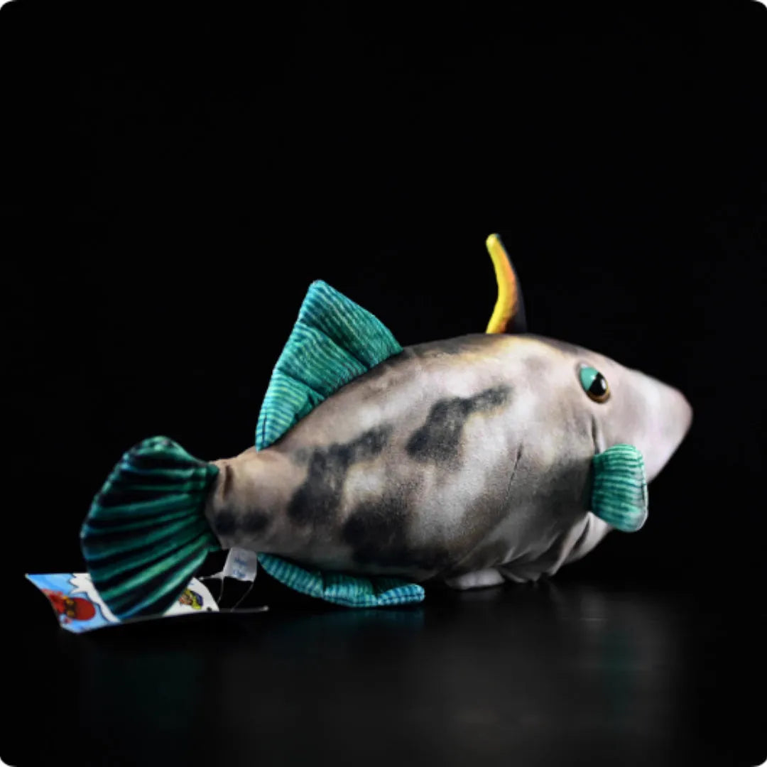 Green fin pufferfish plush toy doll measuring 42cm tall on a white background.