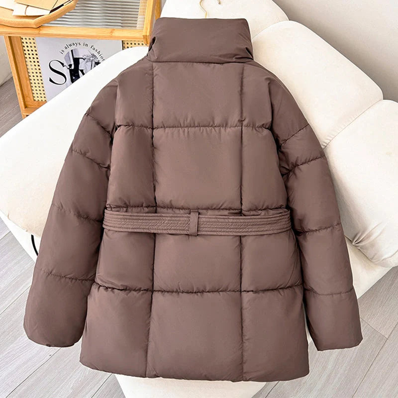 Stylish plaid belted winter coat for women in black, white, and brown