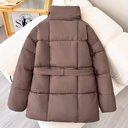Stylish plaid belted winter coat for women in black, white, and brown