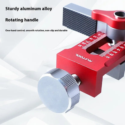 Aluminium alloy cabinet door installation jig for hinge and handle fitting.