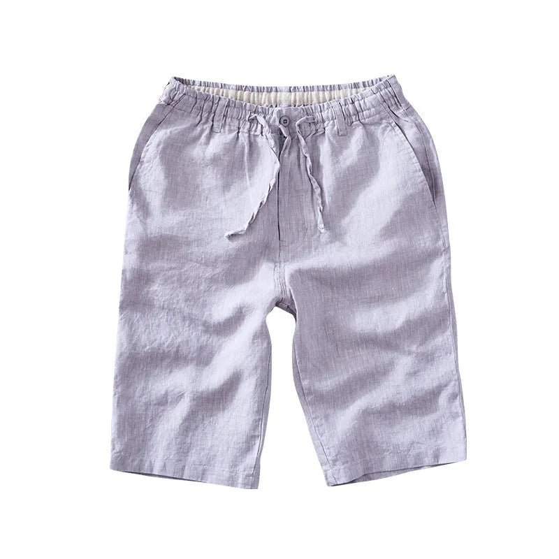 Men's loose-fit linen capri pants in a straight-leg style on a white background
