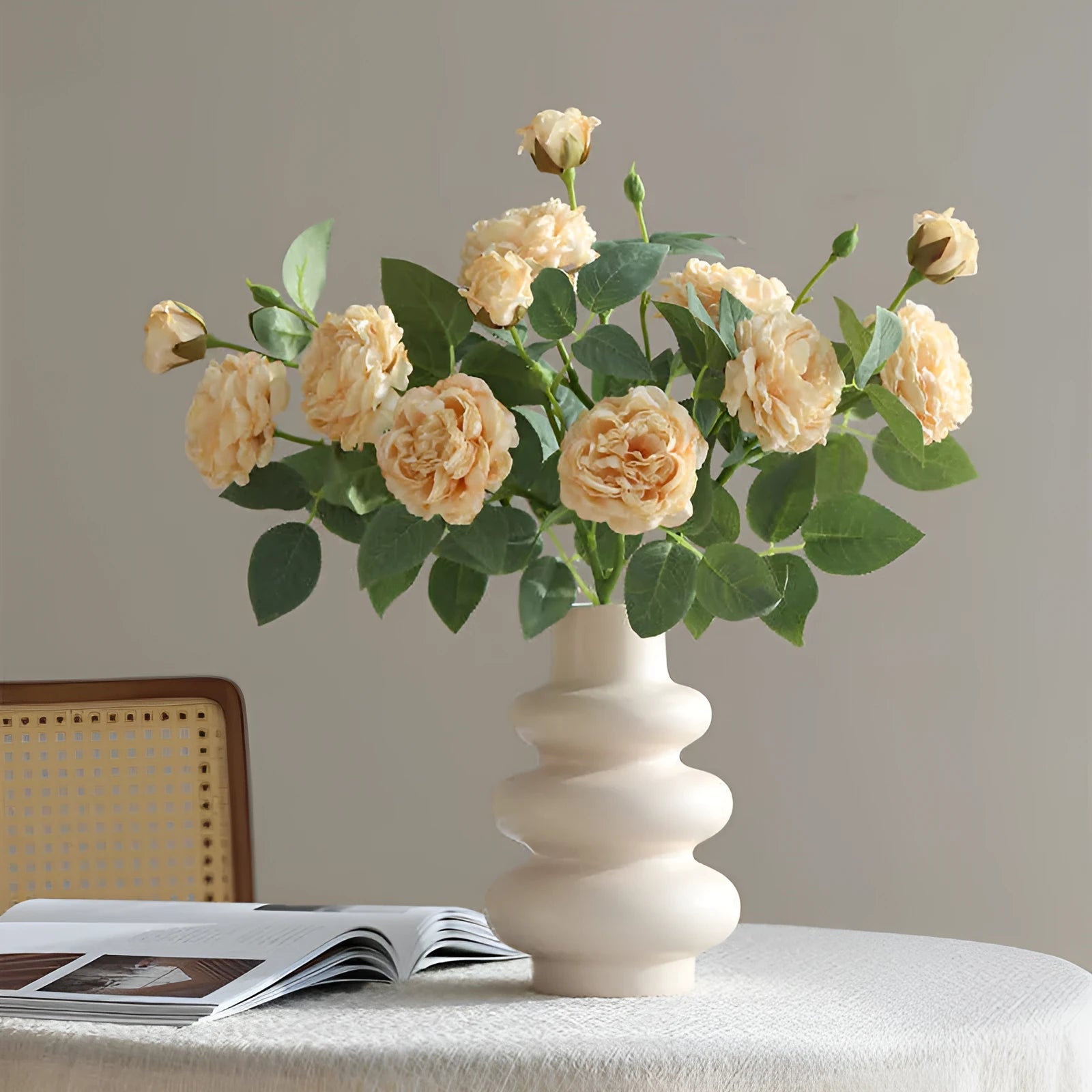 Three-head artificial silk rose flower arrangement with baked edge petals in six colour options