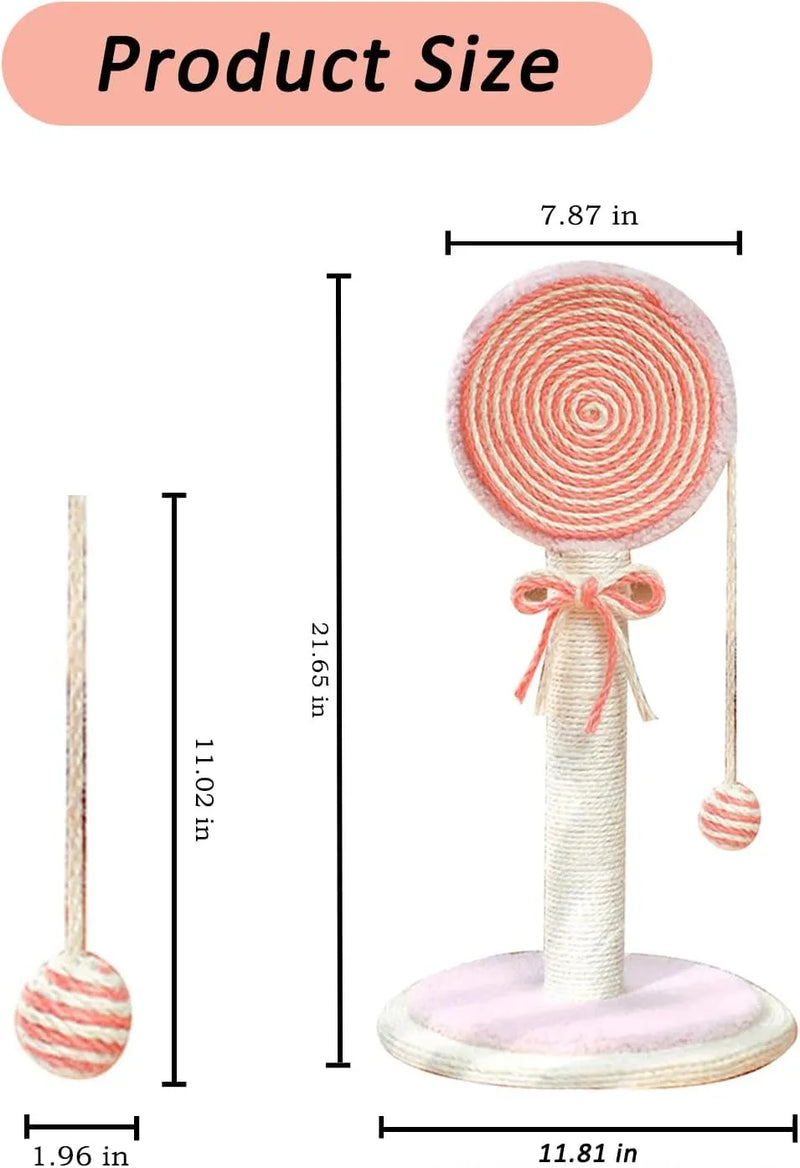 Cat scratching post with hanging ball and sturdy base, crafted from 100% natural sisal rope and eco-friendly wood, measuring 32 cm tall, ideal for indoor cats and available in blue, orange, and pink colours.