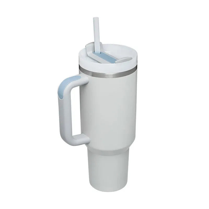 40oz stainless steel tumbler with handle and straw in various colour options showing tapered shape and spill-proof lid