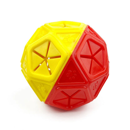 Blue and red hollow dog toy ball designed for interactive treat dispensing and bite-resistant play.
