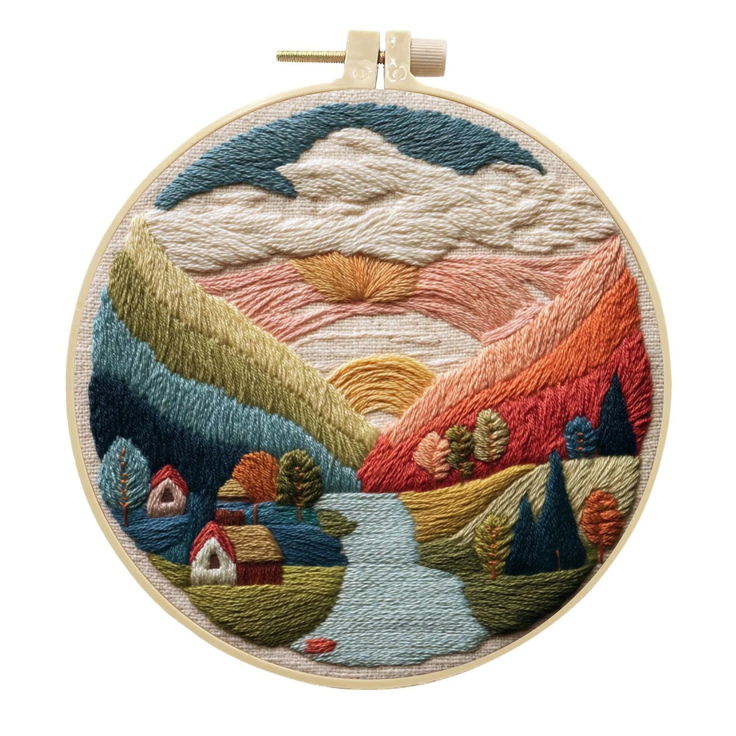 Complete DIY embroidery kit with 15cm bamboo frame, pre-printed landscape fabric, threads, and needles laid out.