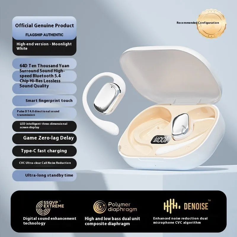 Ear-mounted wireless headphones with digital display screen on ear piece.