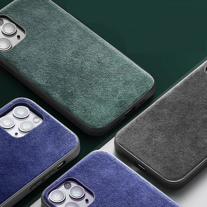 Suede phone case for iPhone providing full-cover protection with luxury style, available in elegant black, dark night green, and dark blue colour options compatible with iPhone 7 through iPhone 13 Pro Max models