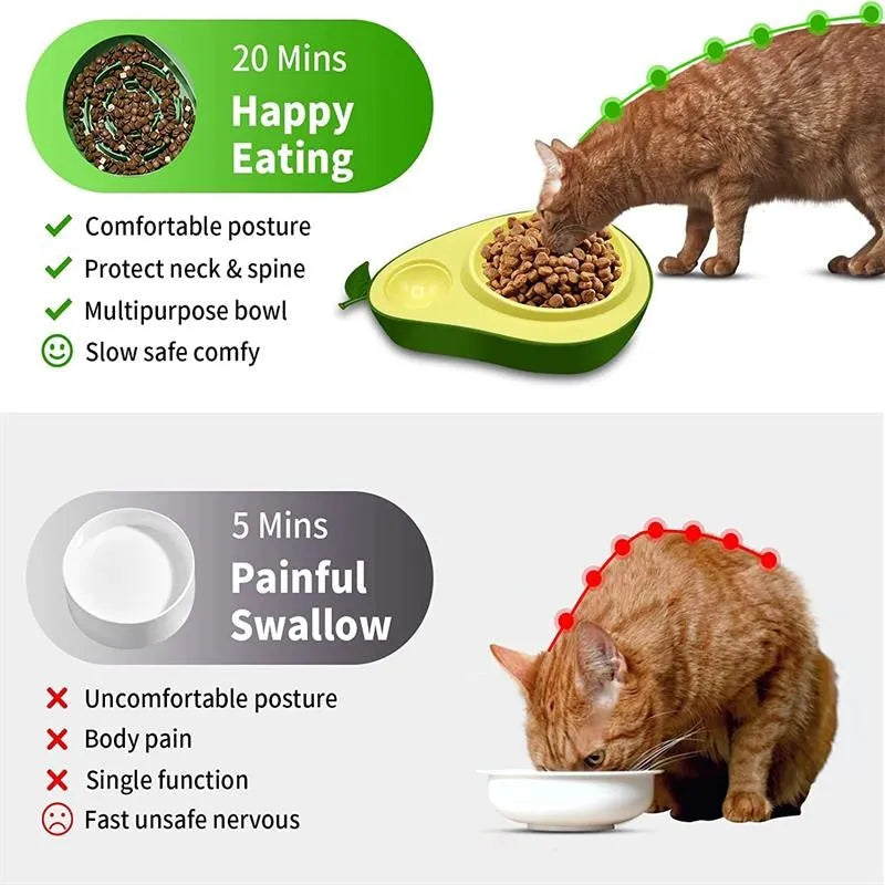 Avocado shaped automatic pet water dispenser and food bowl for cats with slow feeder option