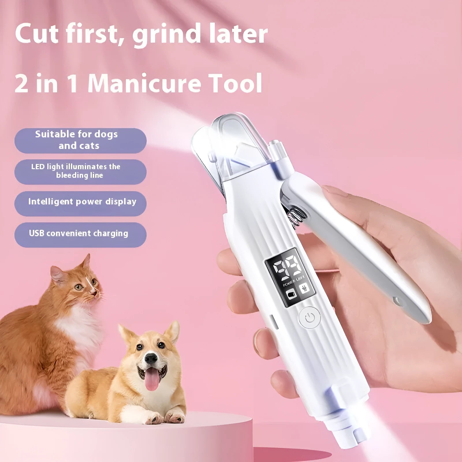 HZ8 White model battery-operated dog nail clippers made from ABS plastic.