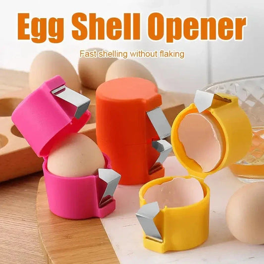 Premium egg cracker and separator made of stainless steel and plastic, available in various colors, used for effortless egg preparation in the kitchen