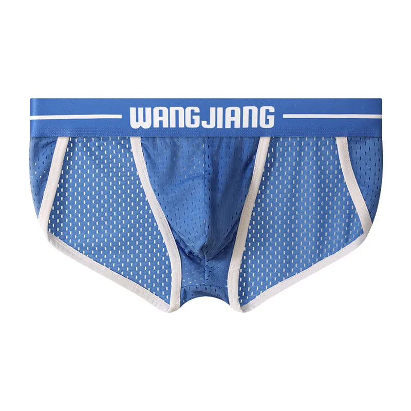 Men's solid colour Ice Silk triangle briefs on a white background, showing the mesh fabric texture.