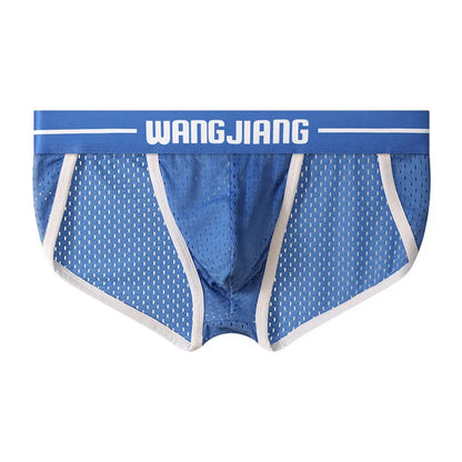 Men's solid colour Ice Silk triangle briefs on a white background, showing the mesh fabric texture.