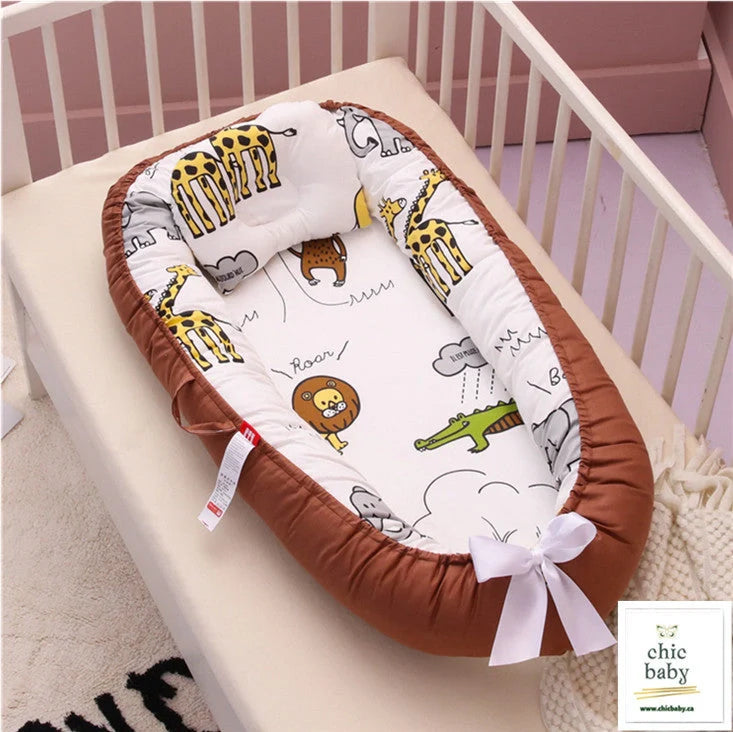 Cotton baby travel crib with removable washable cover in various cartoon designs