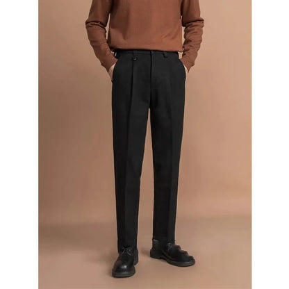 Men's straight-leg casual trousers in draped polyester fabric, shown in khaki colour on a hanger.