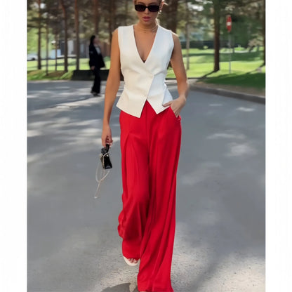 Women's beige polyester two-piece set with deep V-neck sleeveless top and wide-leg trousers