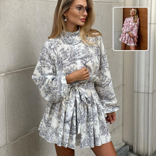 Stylish women's ink print A-line dress with puffy sleeves and lapel tie in various colours