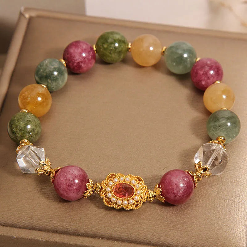 Jade colour tourmaline and alloy bracelet for women with pearl crystal base and rhinestones.
