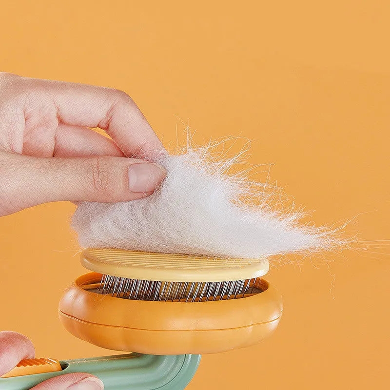 Hand-held pumpkin-coloured pet brush with stainless steel needles for grooming cats and dogs