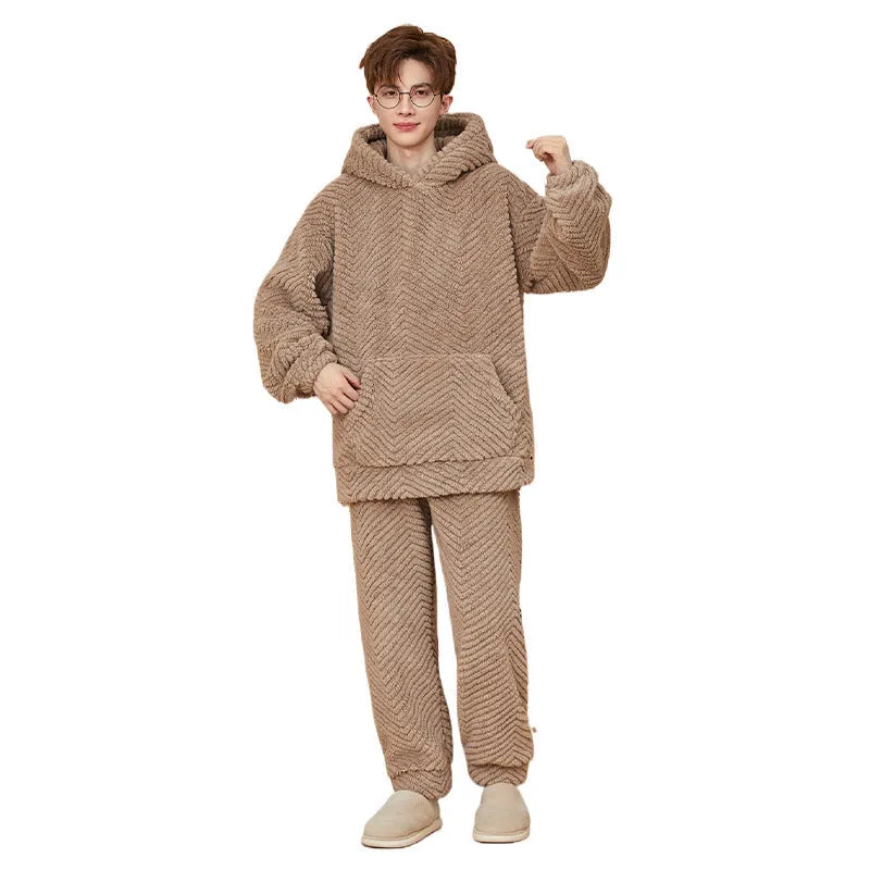 Men's coral fleece pyjama set in grey, two-piece polyester suit with top and pants, sizes L to 3XL