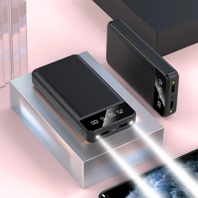 20000 MA power bank in black, white, pink, or blue colours, showing USB ports and compact size.