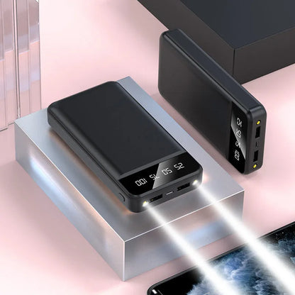 20000 MA power bank in black, white, pink, or blue colours, showing USB ports and compact size.