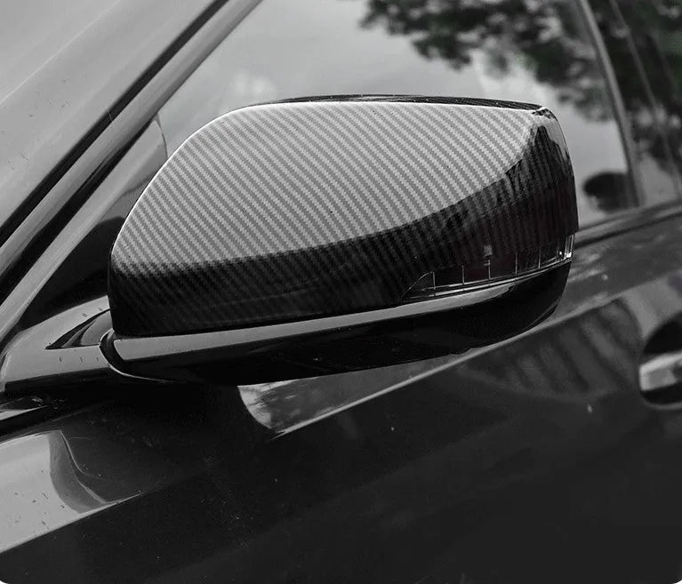 Cadillac CT5 CT6 ABS rearview mirror cover set with decorative carbon fibre pattern, silver mirror or rain frame colour options, protective shell modification for external side mirrors