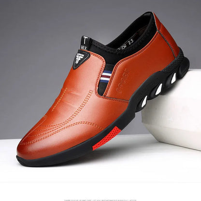 Men's plain-toe black and brown business shoes with flat soles and lace-up or slip-on styles.