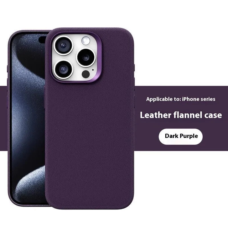 Leather flannel magnetic phone case for iPhone in silver gray, light blue, black, dark purple, bean green, fir green, orange, dark blue with frosted finish