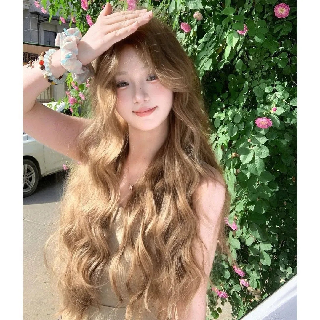 Brown linen medium length curly synthetic wig on display