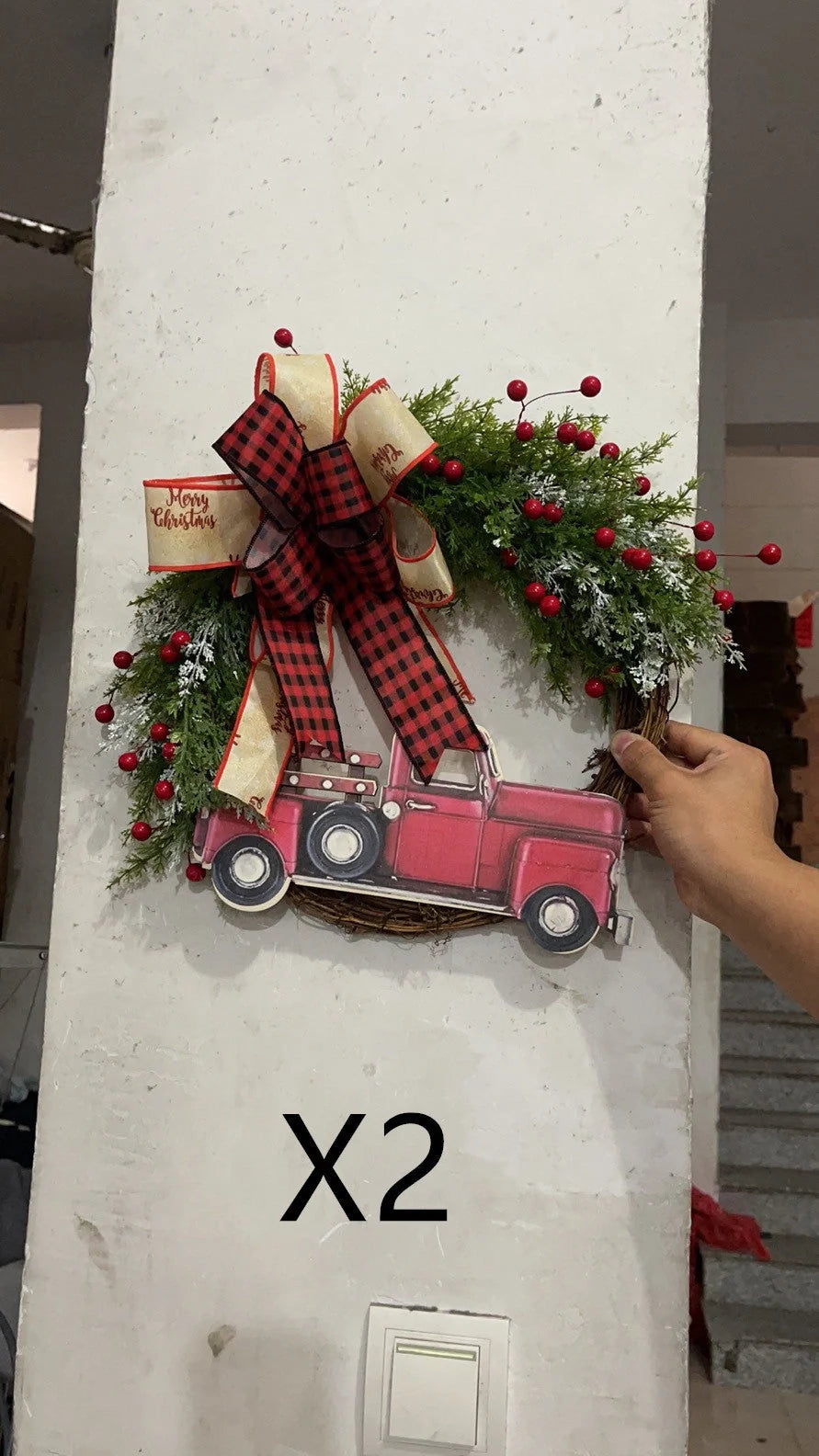 Christmas wooden garland with red truck and pumpkin design