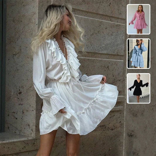 Stylish V-Neck Flared Sleeve Dress in various colors, featuring a unique pleated ruffle design and a flattering silhouette