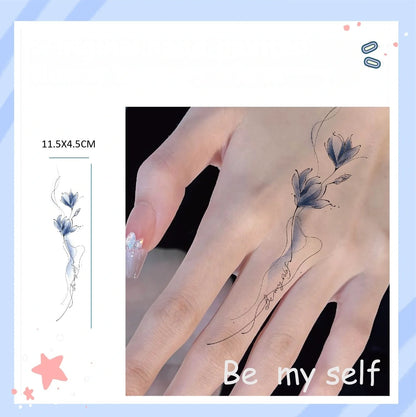 Colourful arm flower temporary tattoo measuring 11.5x4cm with BEMYSELF Be Yourself pattern applied to forearm