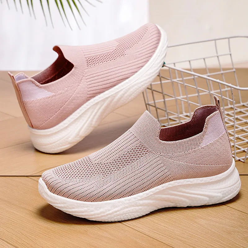 Women's Casual Running Shoes with Soft PVC Sole and Flyknit Upper - Low Heel Breathable Sports Trainers for Summer Spring Autumn - Available in Multiple Colours Including Black Grey Pink Blue