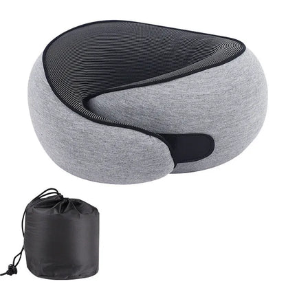 U-shaped memory foam neck pillow for travel shown with its storage bag.